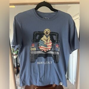League Unwind Colby Jeep Dog T-Shirt M in Blue Cotton top Golden Retriever Flag